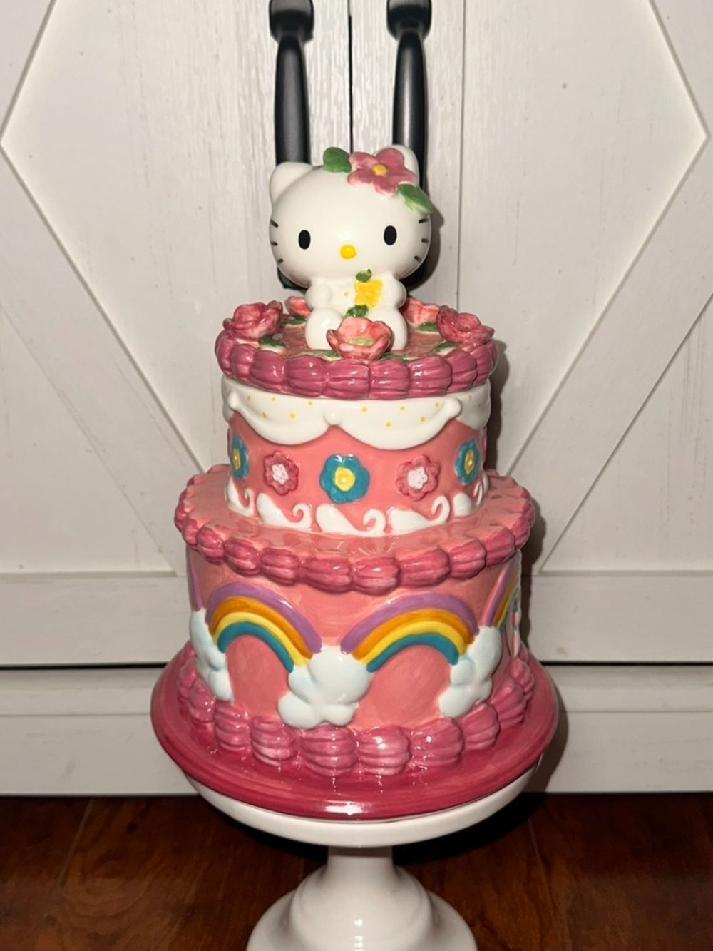 Hello Kitty Pink Multicolor Rainbow Cake Cookie Jar Canister with Floral Topper